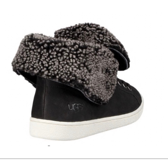 Women's UGG Black Leather Gray Shearling High Top Sneakers Size 7 - Picture 4 of 14